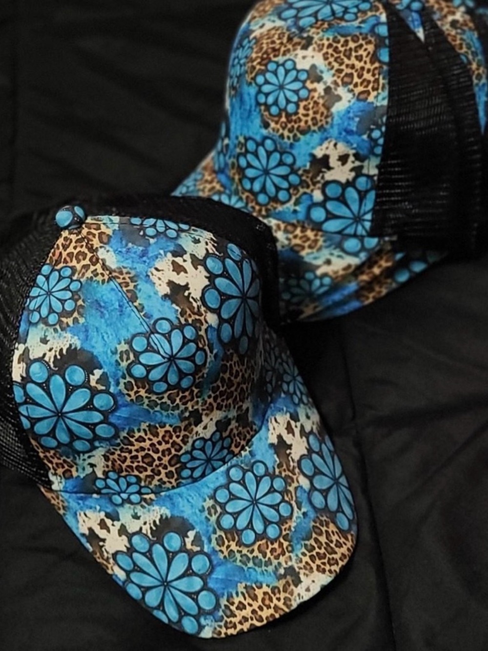Blue Floral & Leopard Mesh - ponytail hat